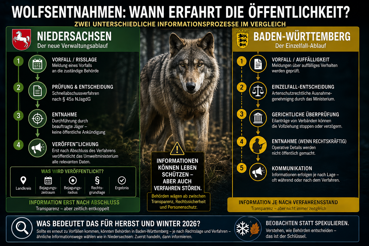 Hornisgrinde-Wolf, Niedersachsen und Verwaltungsverfahren – Wann erfährt die Öffentlichkeit von einer Wolfsentnahme?