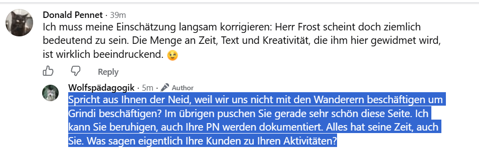 Wolfspädagogik, Satire und Grindi: Dokumentation einer Facebook-Diskussion