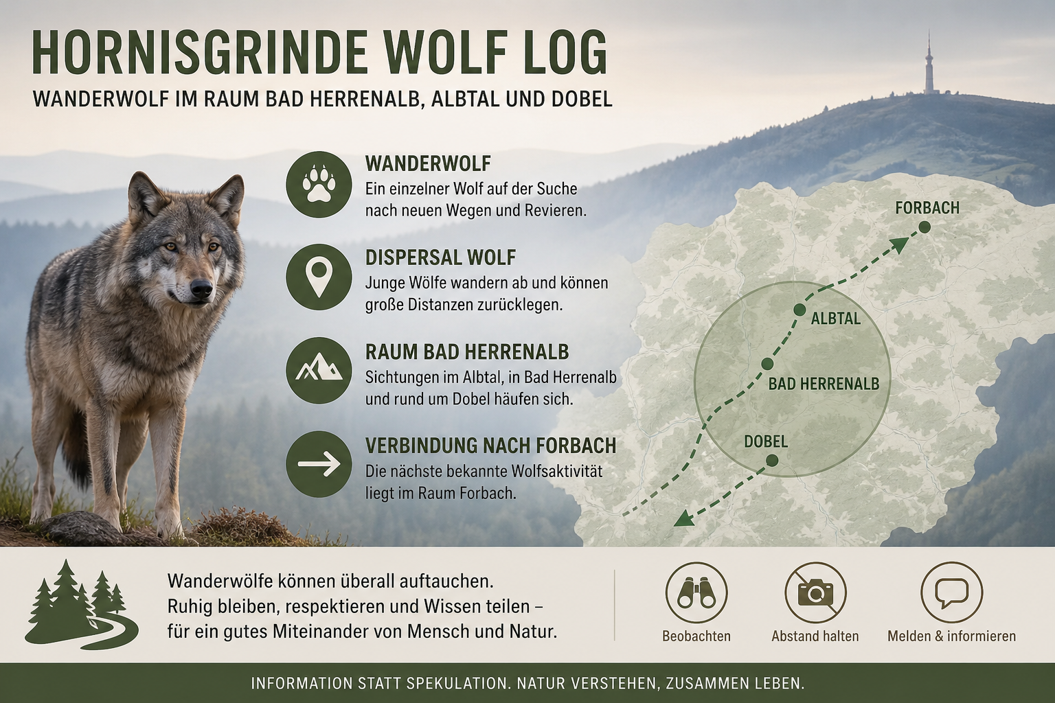 Hornisgrinde Wolf Log · Wanderwolf im Raum Bad Herrenalb, Albtal und Dobel