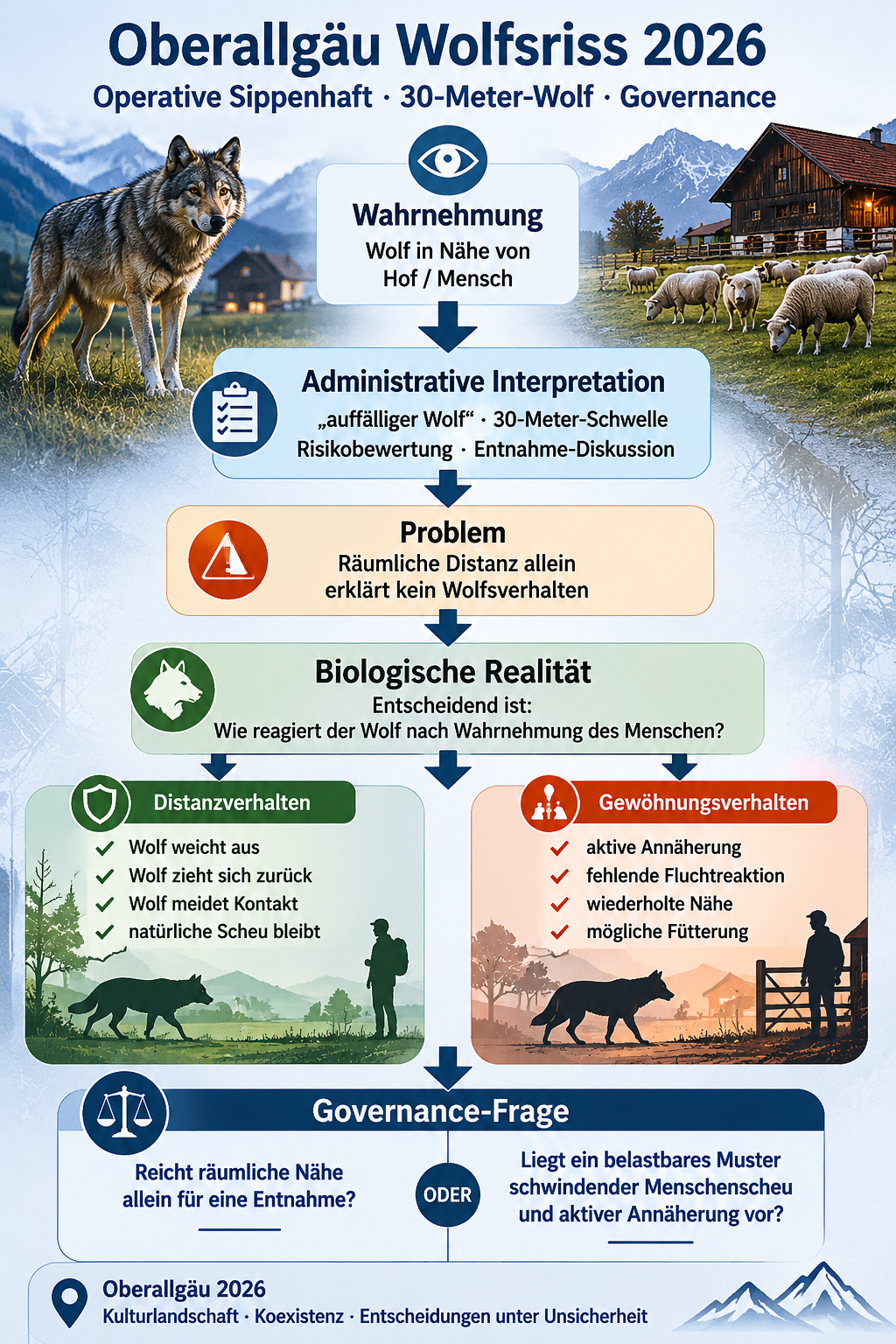 Oberallgäu Wolfsriss 2026 · Operative Sippenhaft, der 30-Meter-Wolf und die Governance auffälliger Wölfe im Alpenraum